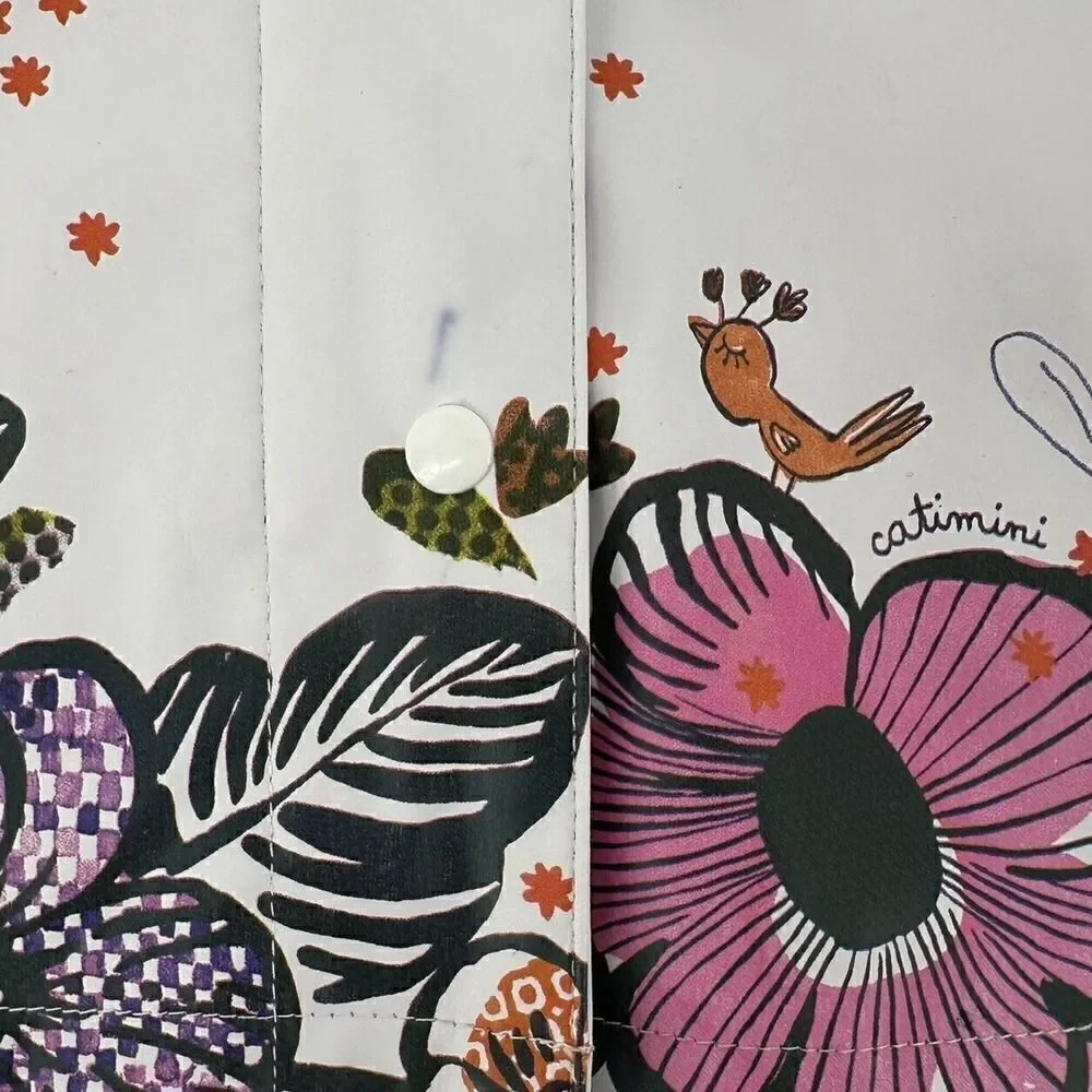 Catimini Rain Coat Baby Girl Size 12 Months Cheerful White Floral Spring Hooded